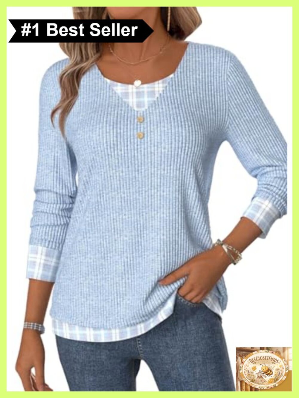 Ribbed Knit Long Sleeve V Neck Tunic Top Plaid Trim Lightweight Sweater